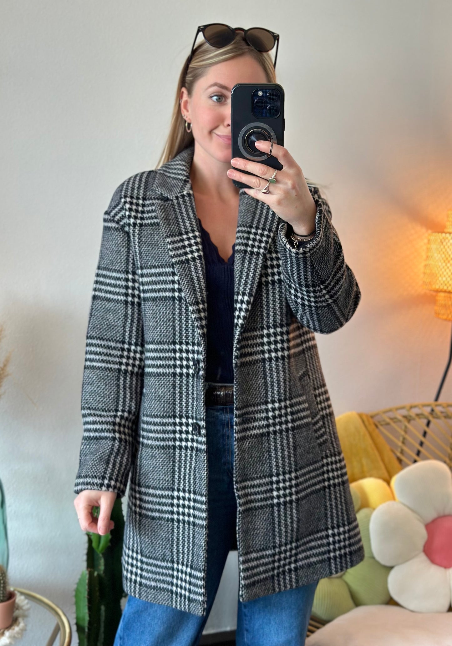 Manteau long à motif pied-de-poule lainé T.34