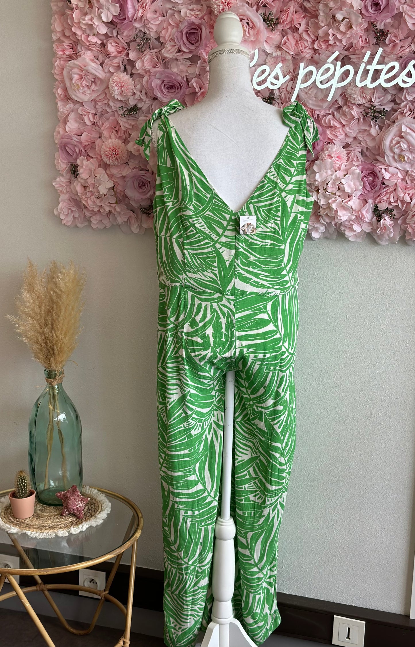 Combinaison estivale fluide à motifs tropicaux verts et blancs, T.42