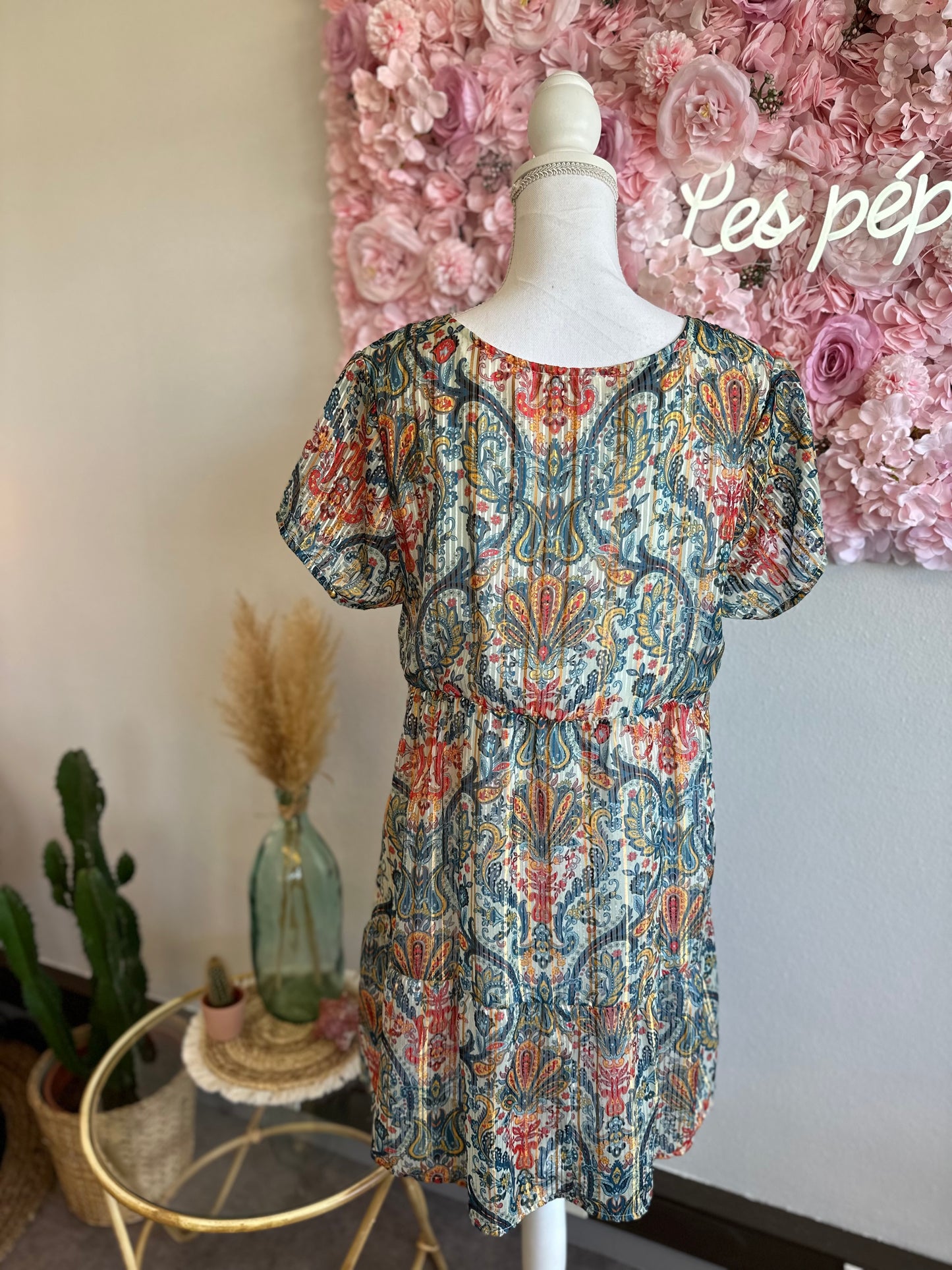 Robe midi évasée à motifs paisley cachemire colorés T.40