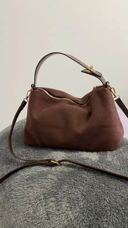 Sac marron suédine et similicuir détails dorés