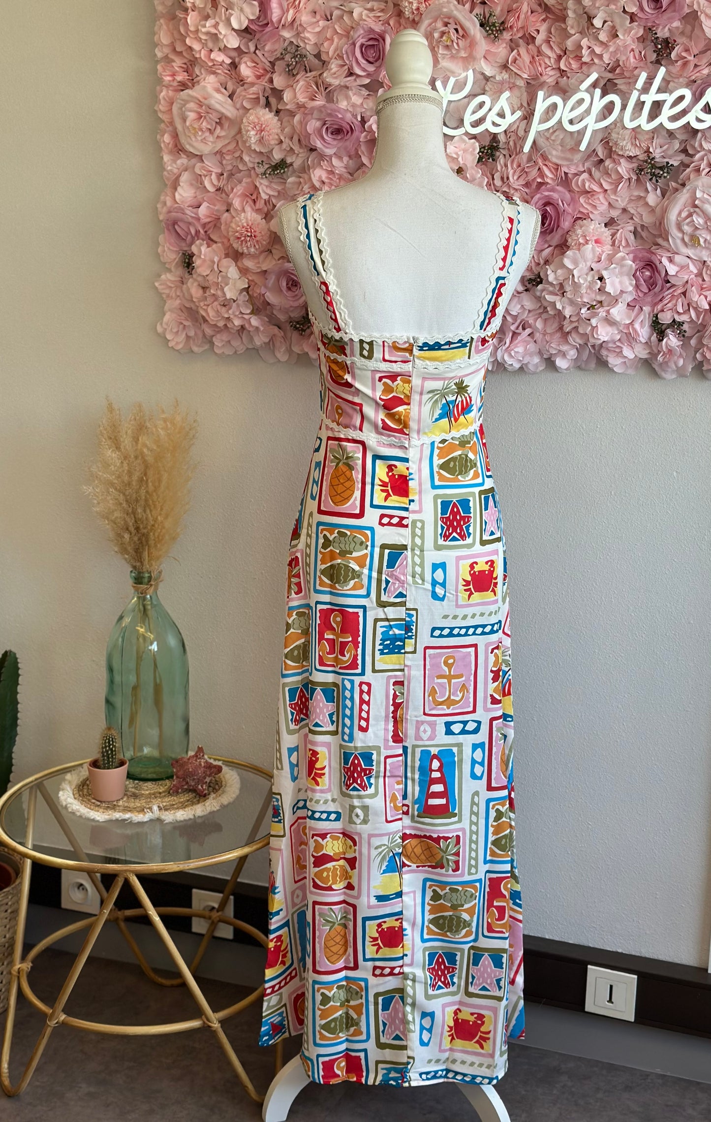 Belle robe longue d’été en lin à motifs colorés de plage T.36