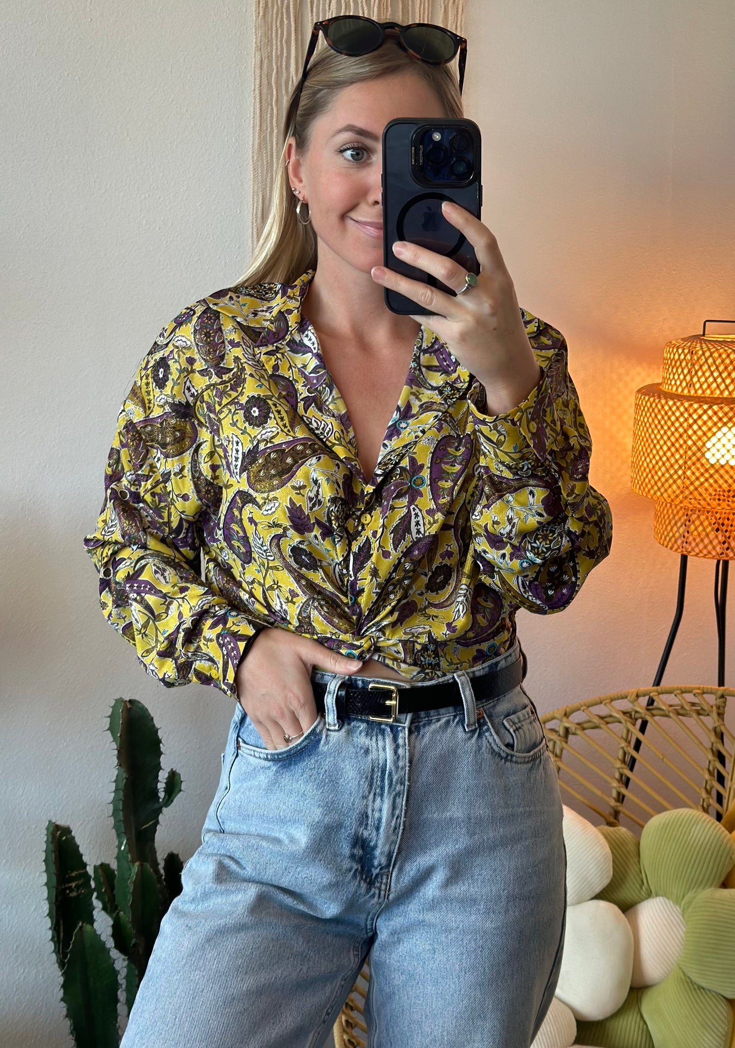 Chemisier court imprimé cachemire paisley jaune et violet, taille XS - Zara