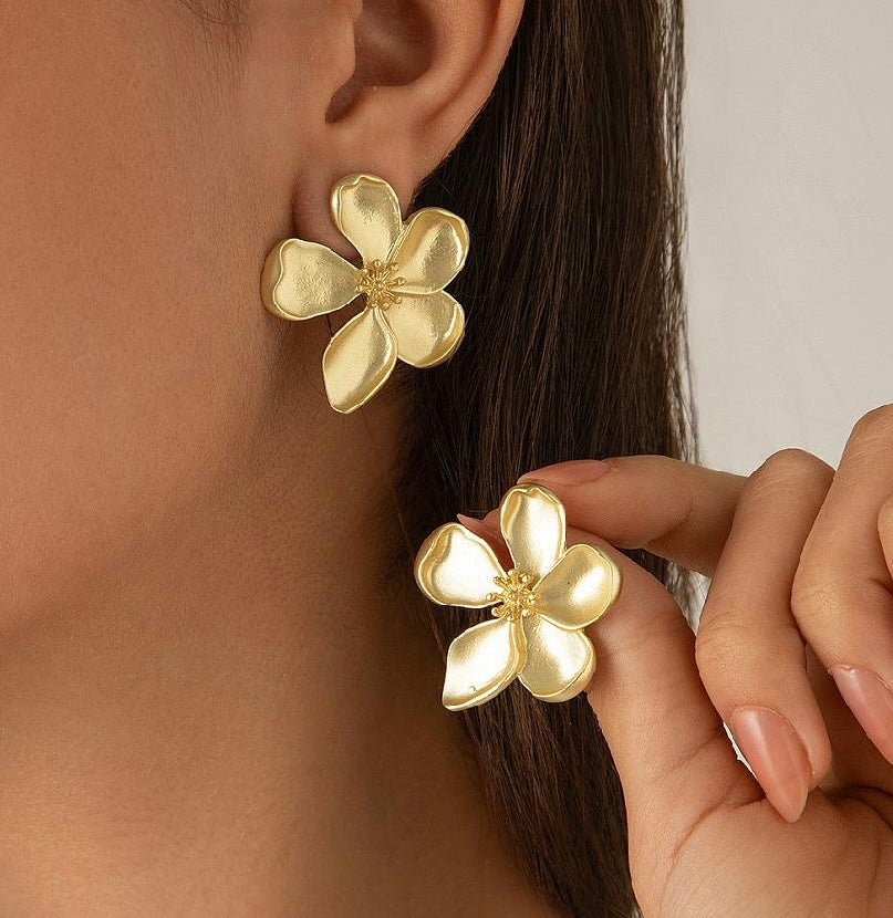 Boucles d’Oreilles Fleur en Acier Inoxydable Doré