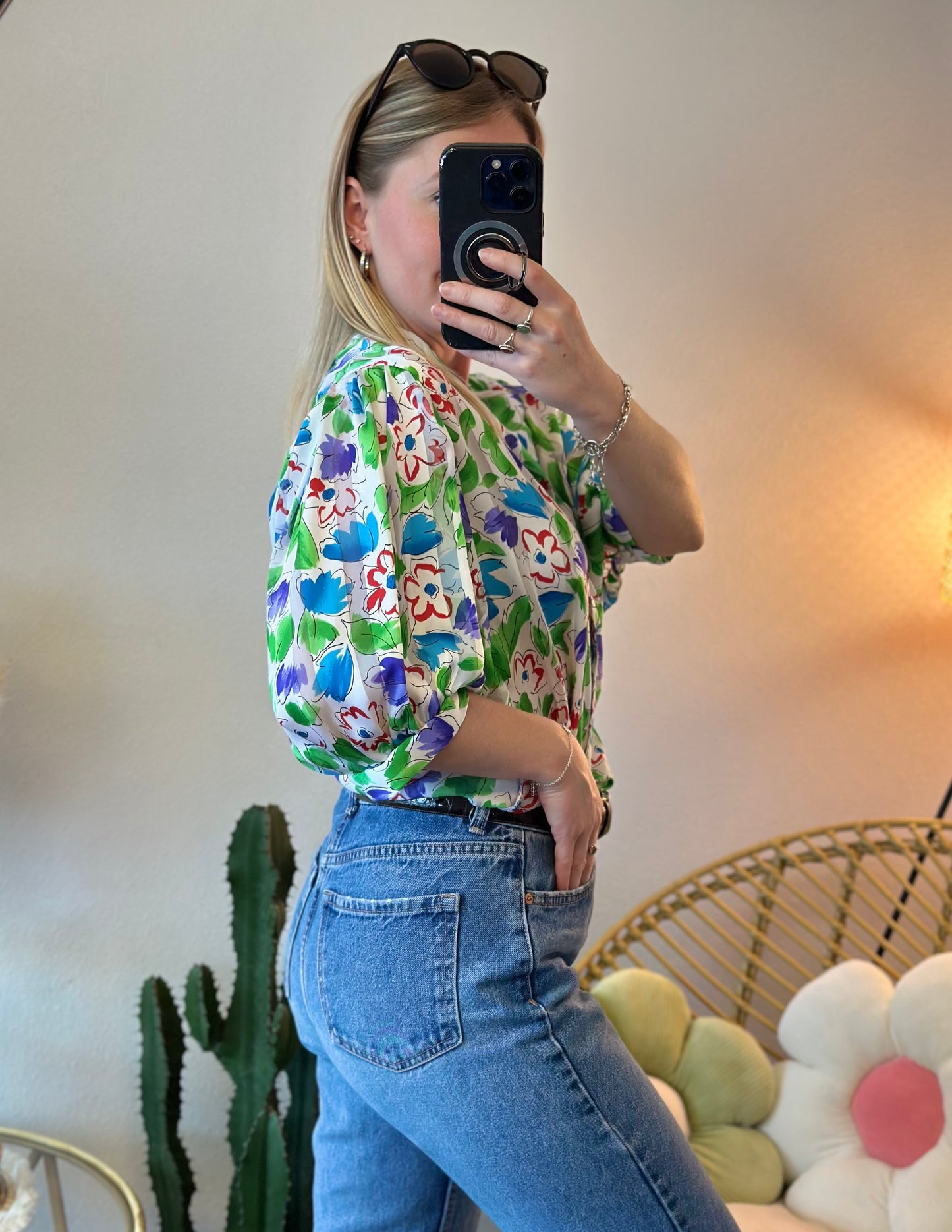 Blouse vintage blanche à imprimé floral coloré T.U
