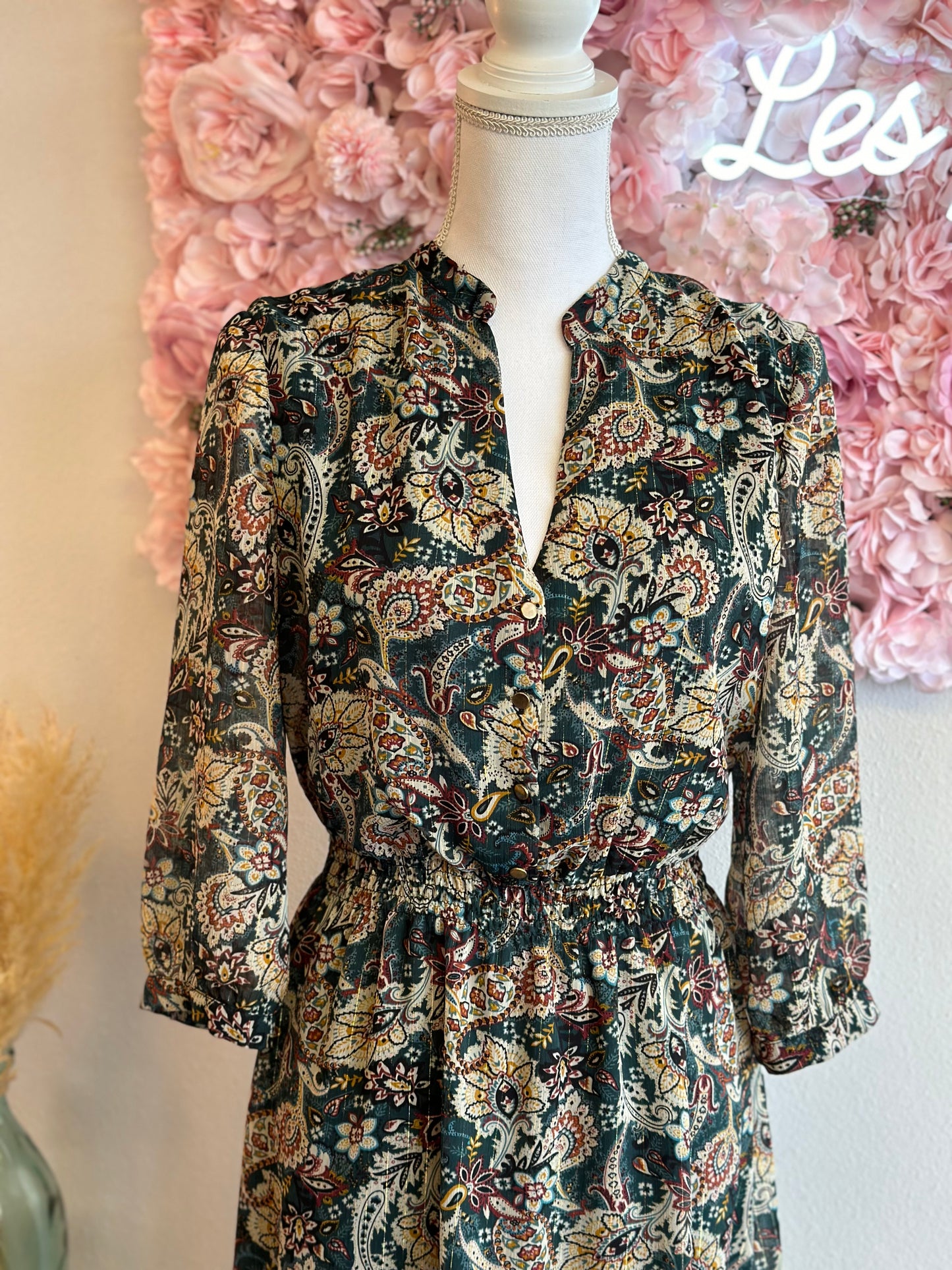 Robe mi-longue à motifs fleuris cachemire Paisley, T.38