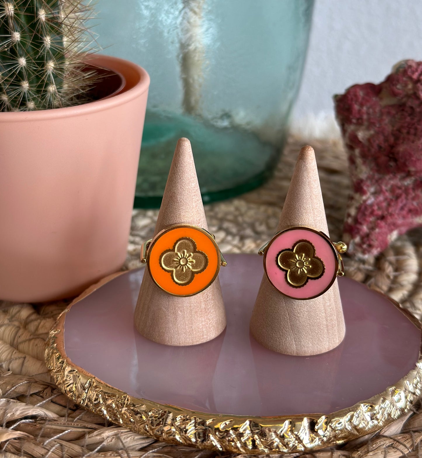 Bague trèfle ajustable en acier inoxydable, couleur orange ou rose