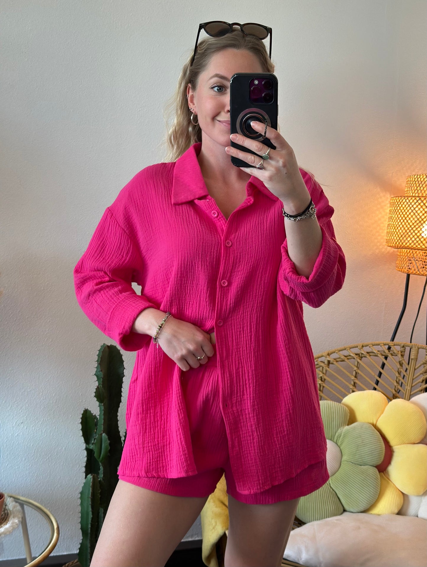 Ensemble deux pièces en gaze de coton rose T.36