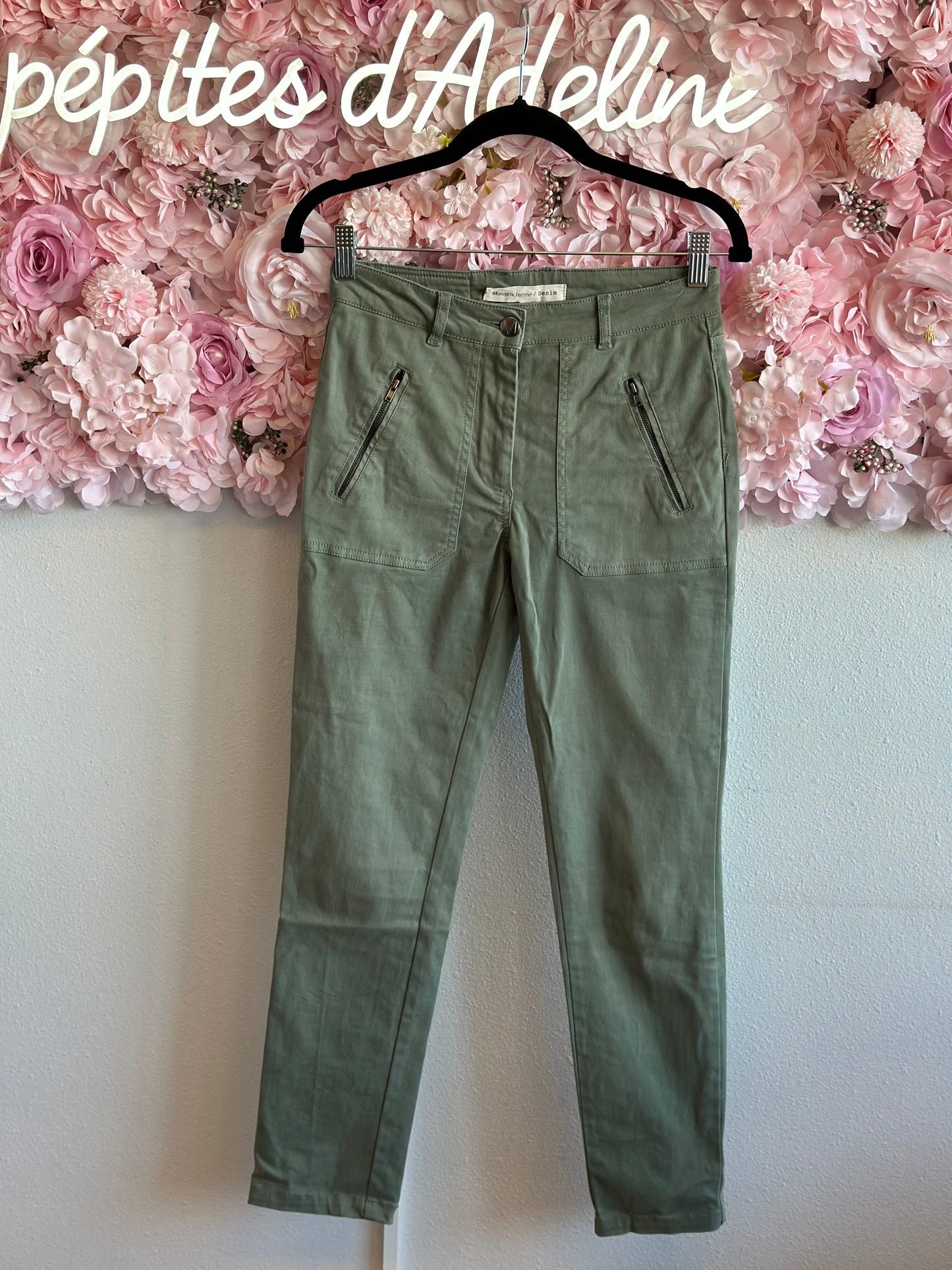 Pantalon slim vert kaki, T.36