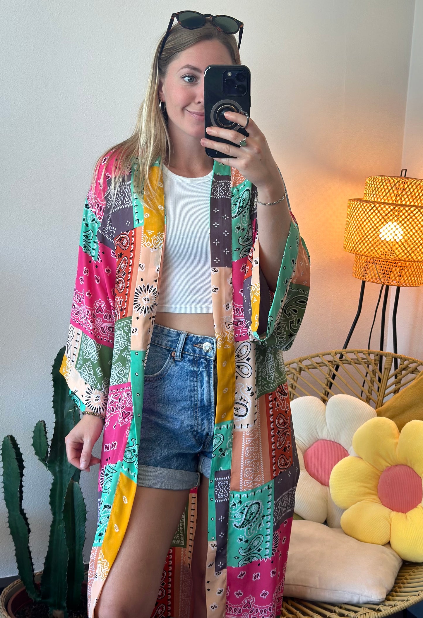 Kimono long à motifs bandana colorés T.U