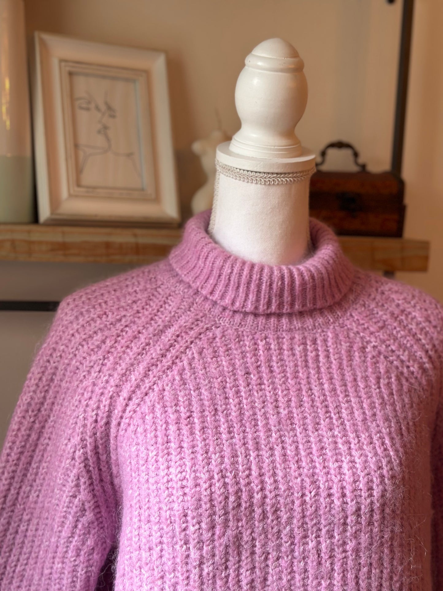 Pull col montant en maille rose avec laine et alpaga T.36
