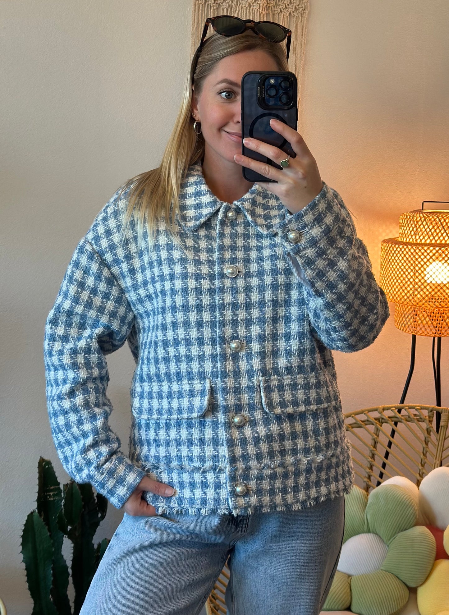 Veste en tweed pied-de-poule bleu et blanc, T.36