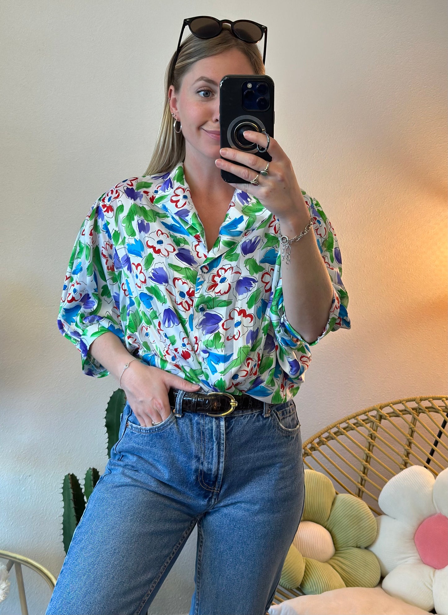 Blouse vintage blanche à imprimé floral coloré T.U