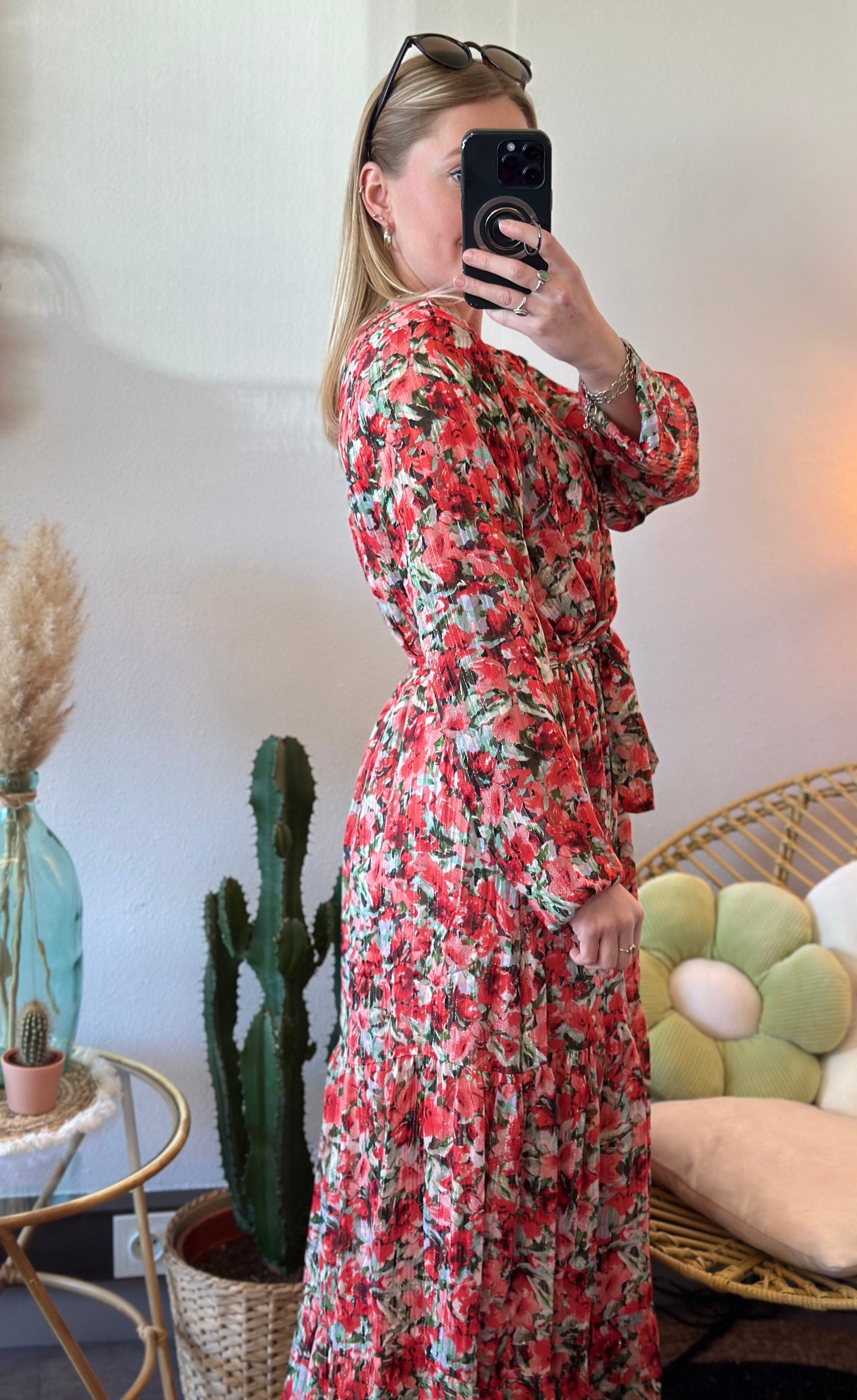 Robe longue motifs fleuris rouge corail T.38