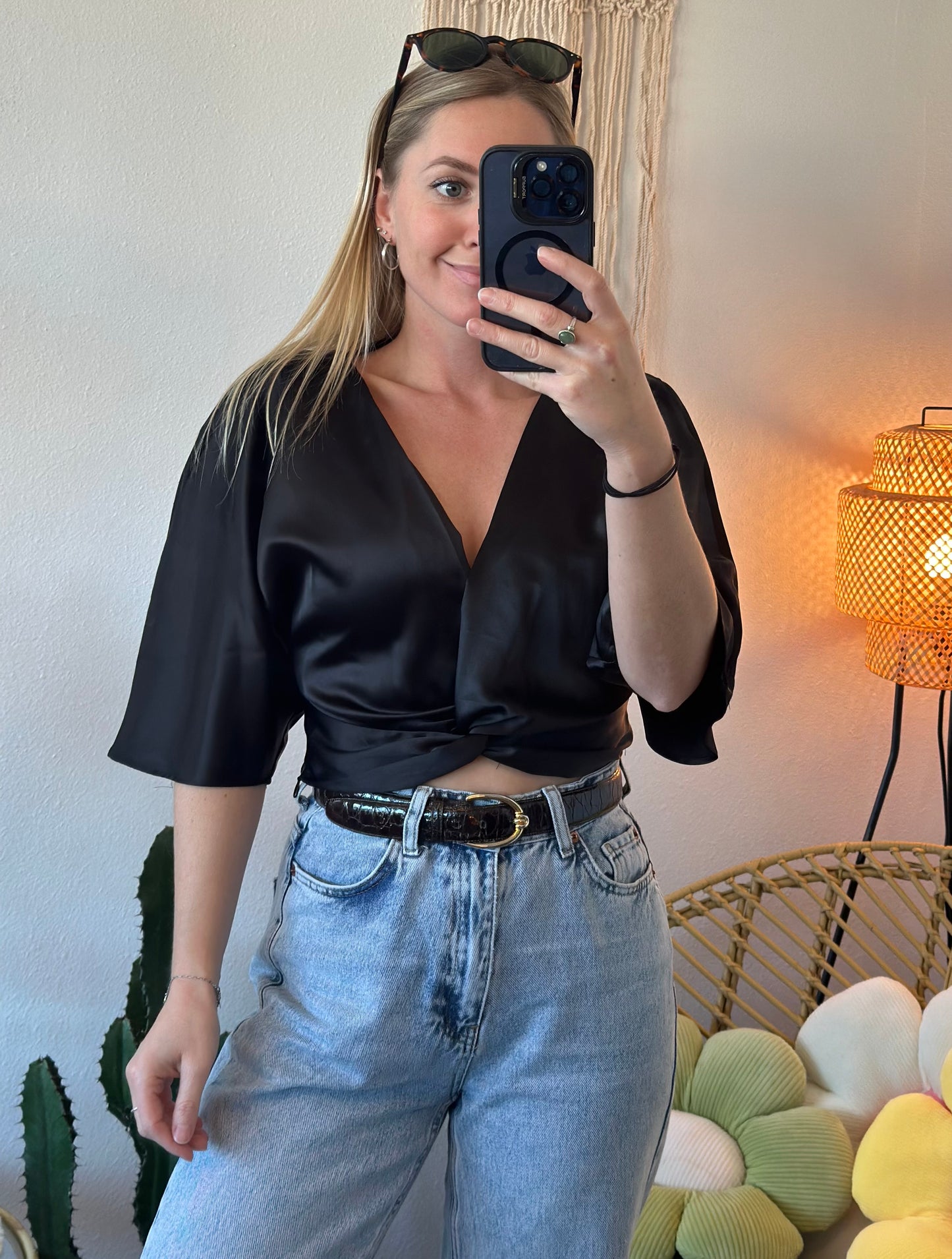 Top noir effet satin, taille XS - Zara
