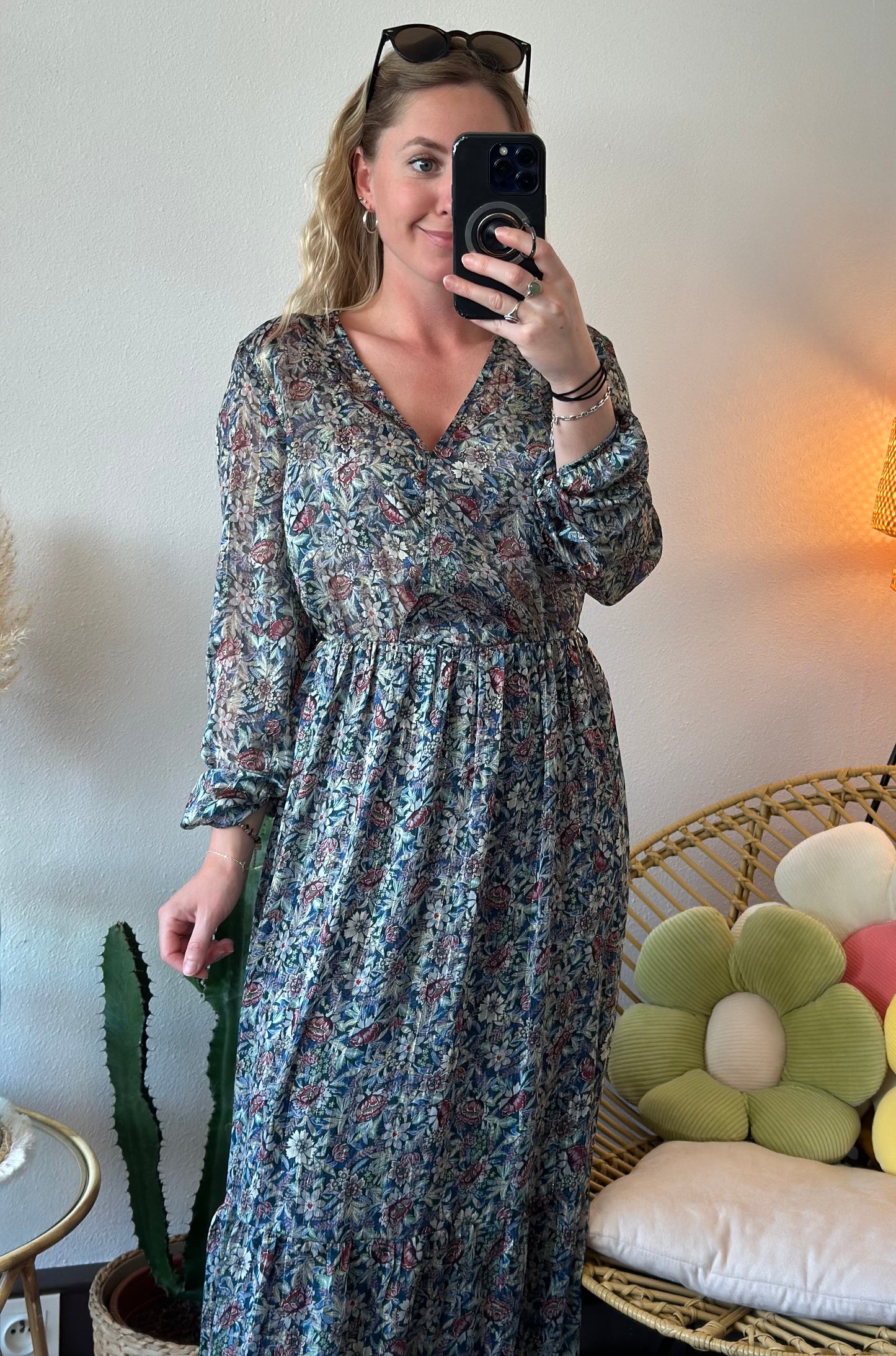 Robe longue en voile imprimé fleuri et lurex, T.38