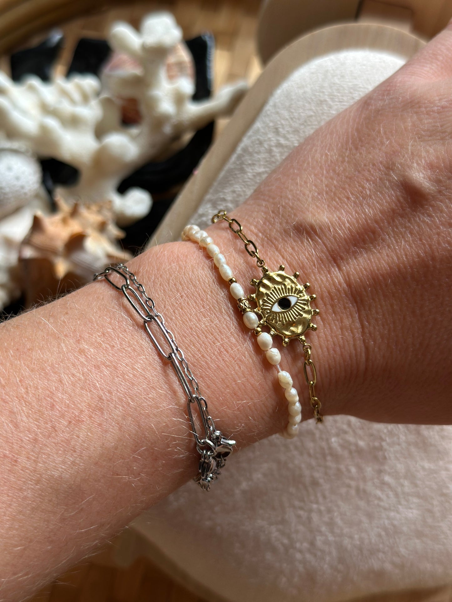 Bracelet doré œil protecteur – Acier inoxydable 316L – Neuf, hypoallergénique, réglable