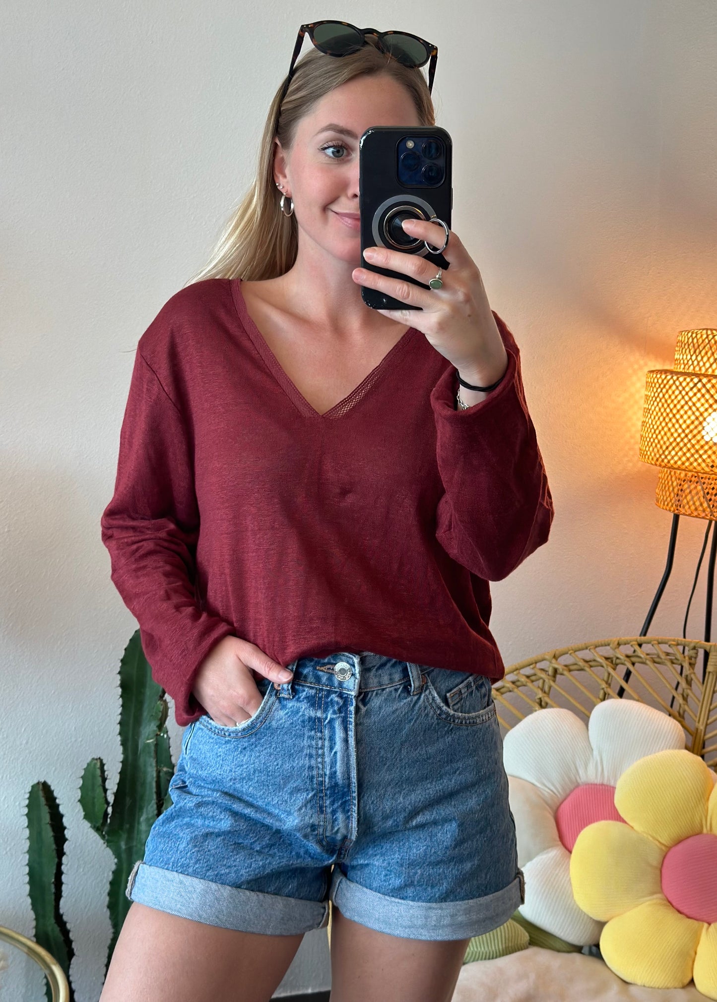 Pull en lin maille fine bordeaux, T.36/38, oversize, neuf avec étiquette