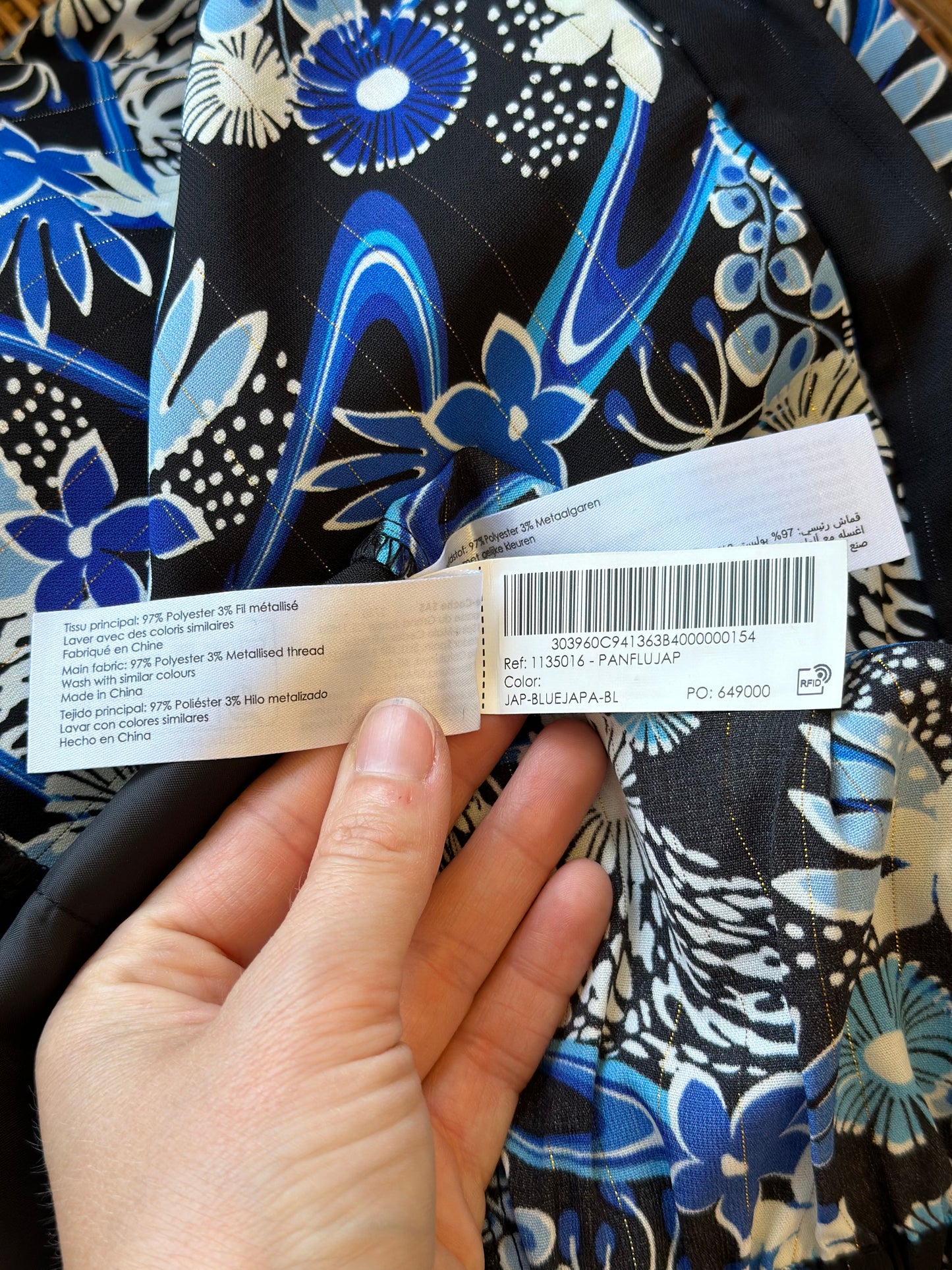 Pantalon fluide jambes larges à motifs fleuris bleu et blanc T.34