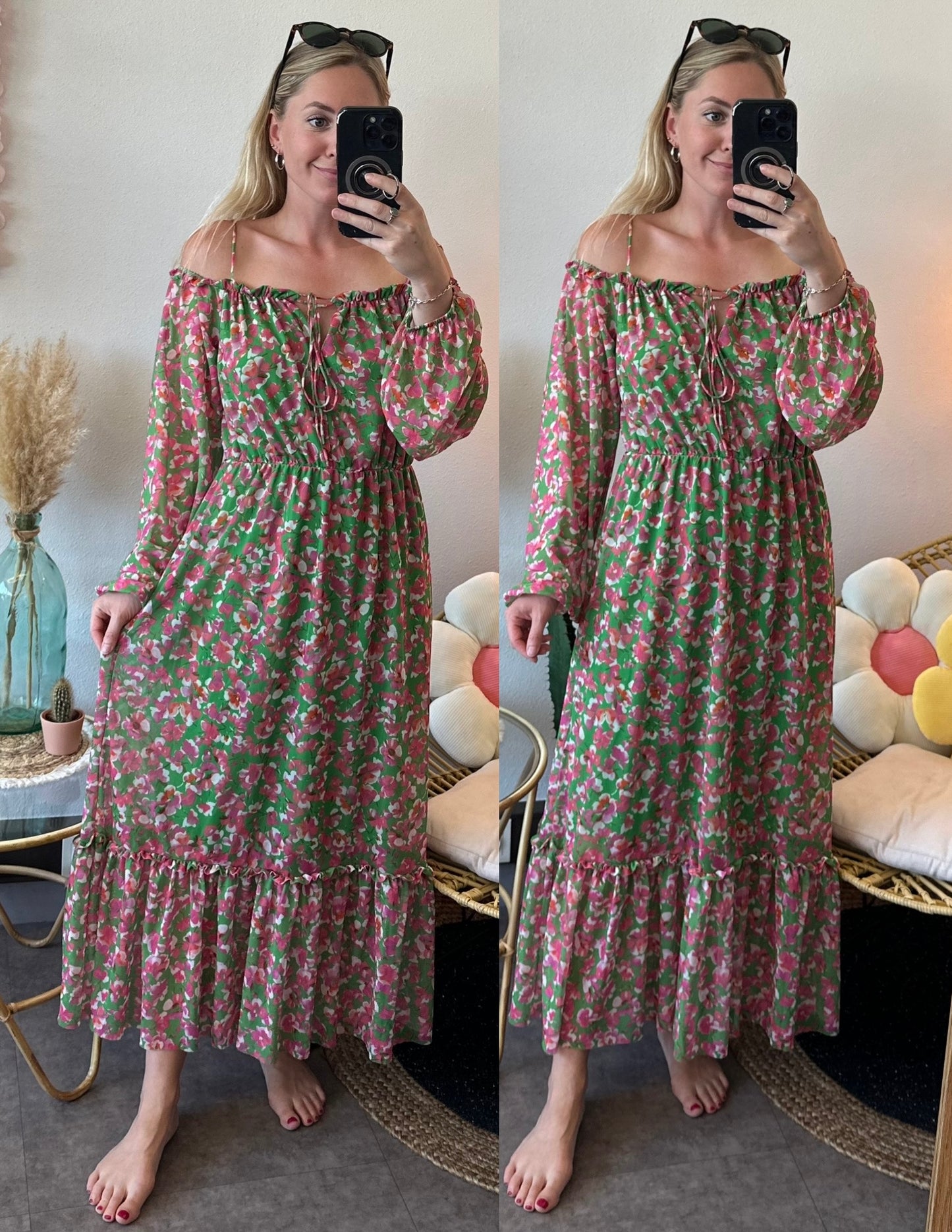 Robe longue d’été verte et rose à motifs fleuris, T.38