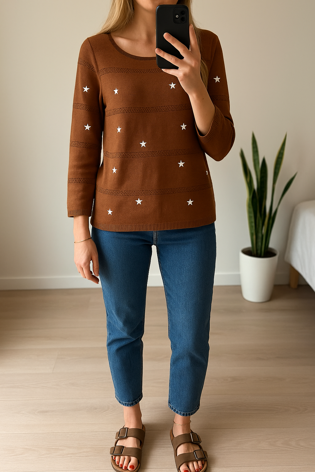 Pull marron, étoiles brodées T.38