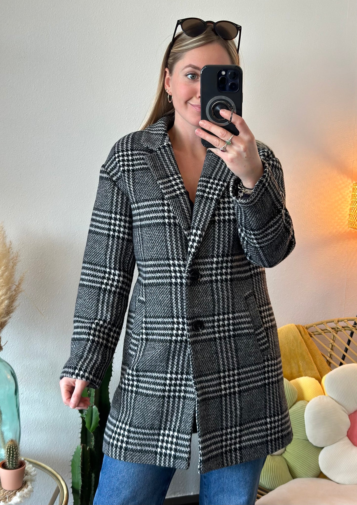Manteau long à motif pied-de-poule lainé T.34