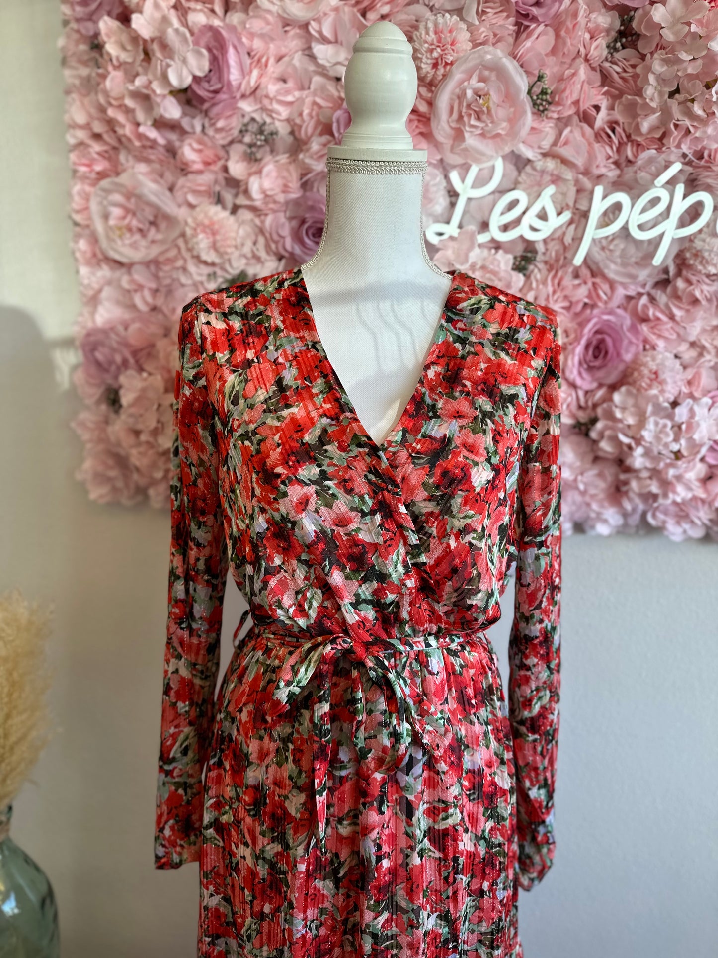 Robe longue motifs fleuris rouge corail T.38