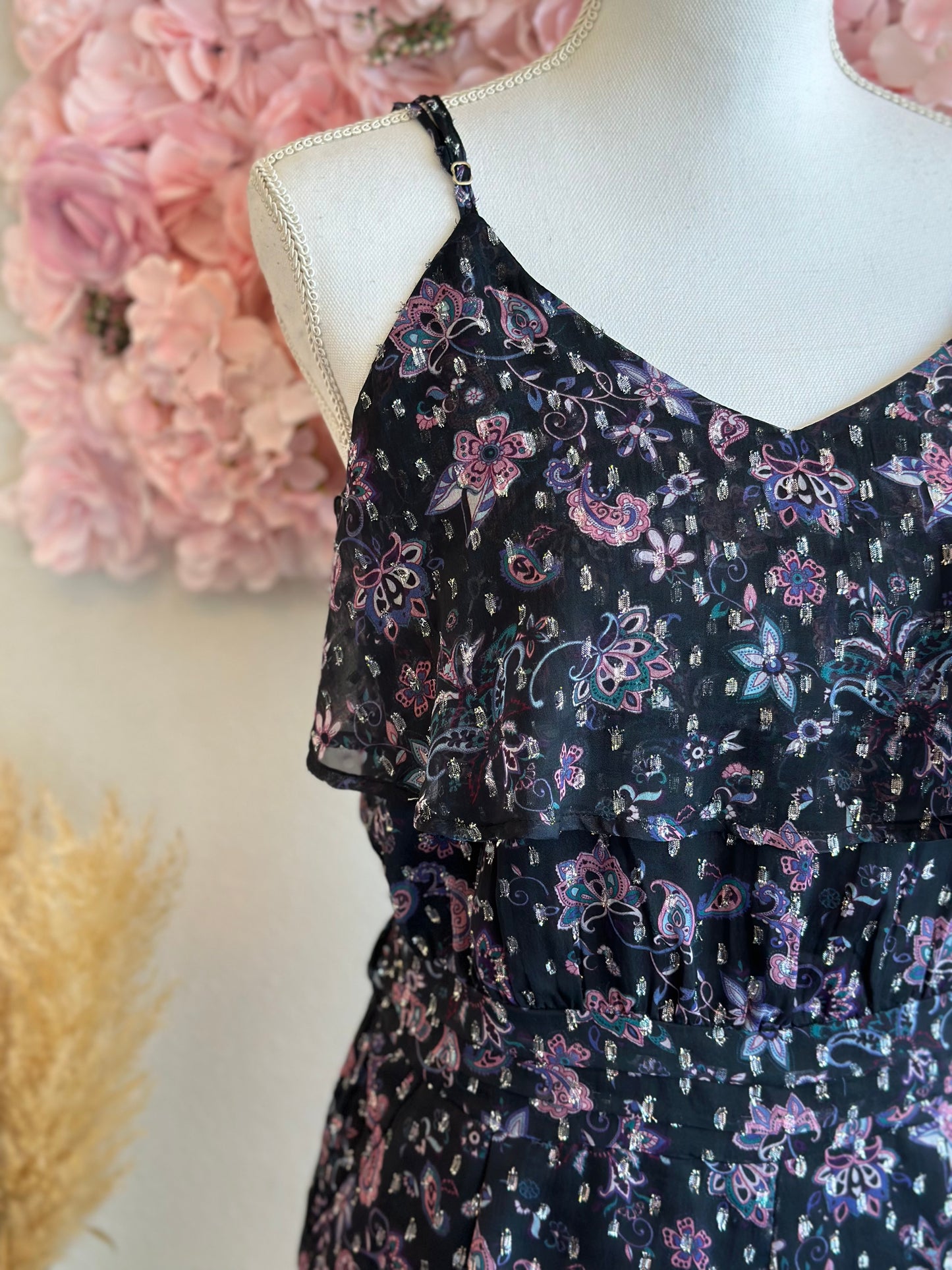 Combishort motifs fleuris lilas et lurex argenté, T.40