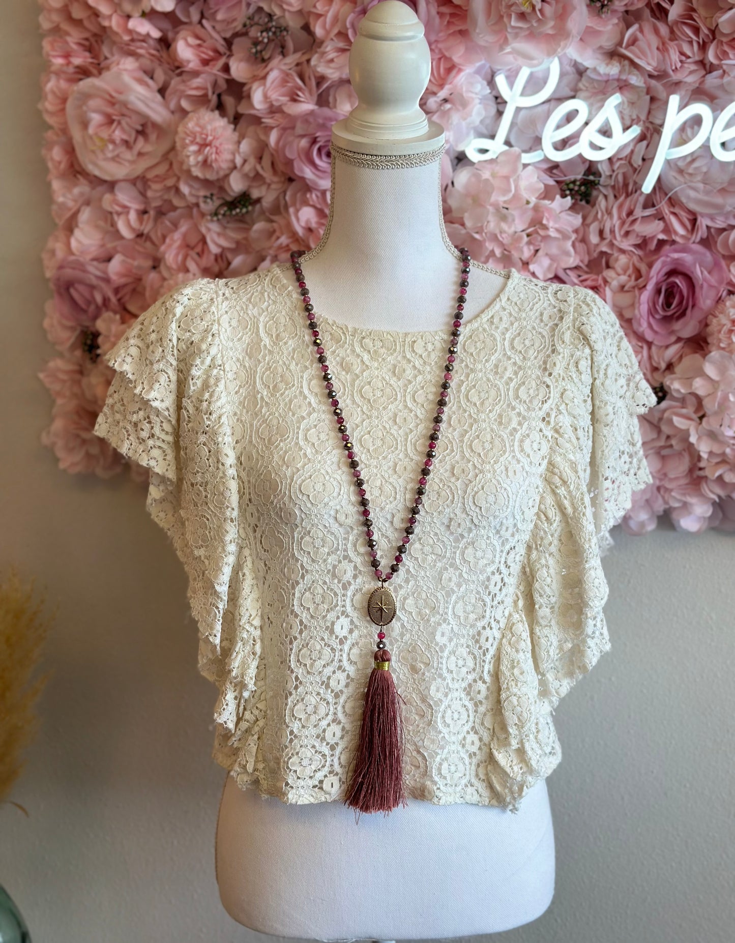 Collier sautoir perles rose fuchsia