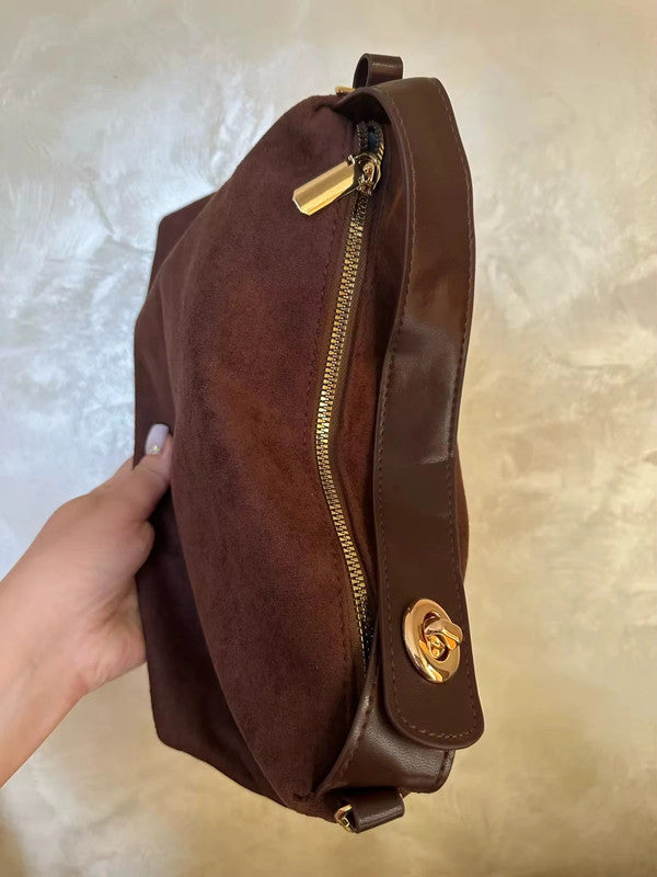 Sac marron suédine et similicuir détails dorés
