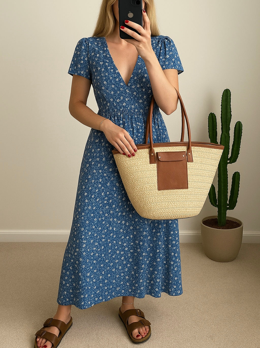 Sac cabas paille tressée effet cuir brun – Neuf