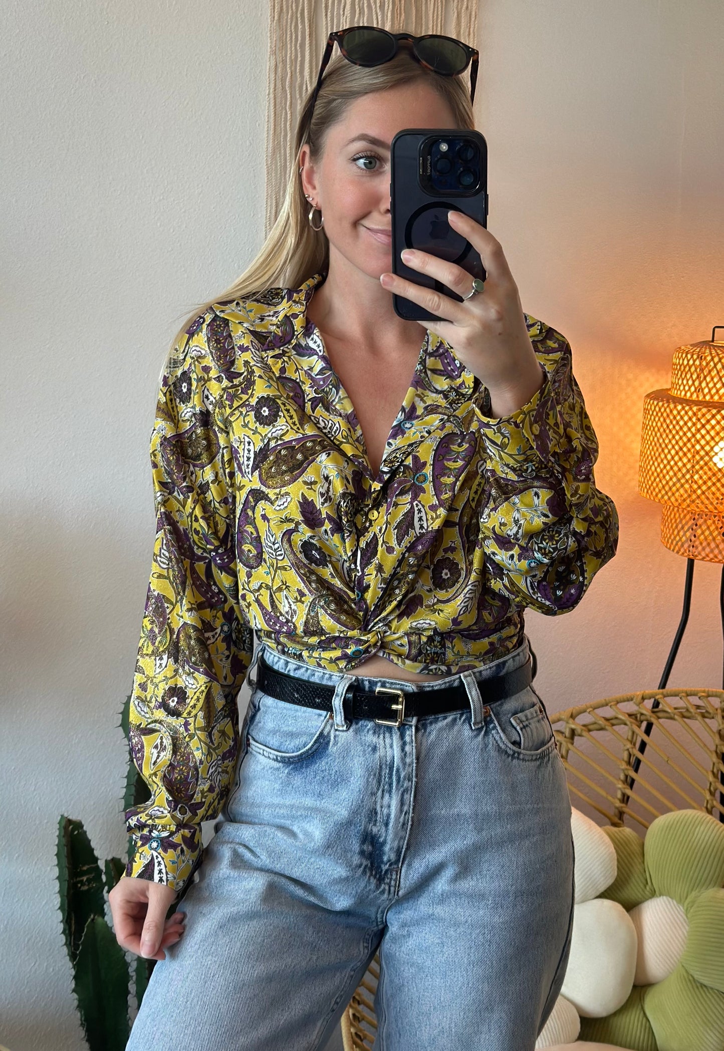 Chemisier court imprimé cachemire paisley jaune et violet, taille XS - Zara