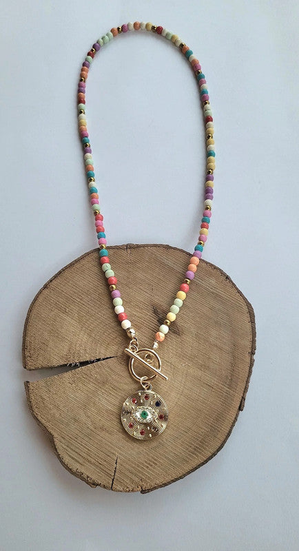 Collier avec perles en howlite multicolore acier inoxydable
