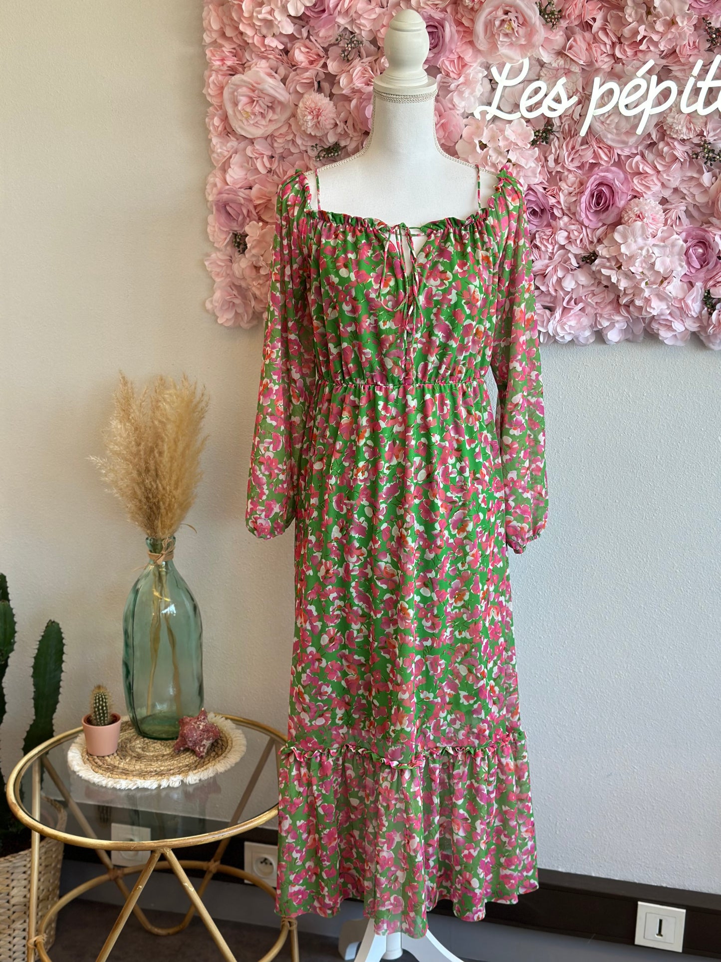 Robe longue d’été verte et rose à motifs fleuris, T.38