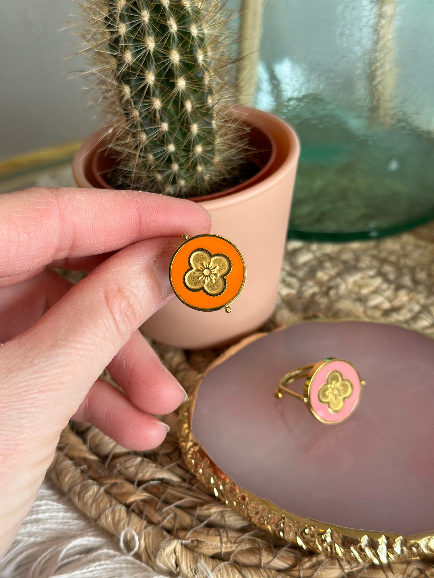Bague trèfle ajustable en acier inoxydable, couleur orange ou rose