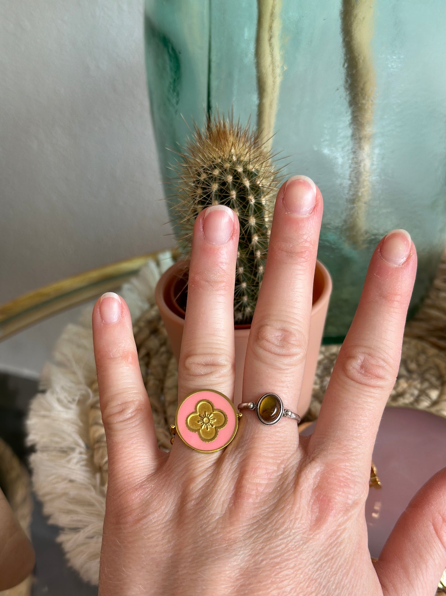 Bague trèfle ajustable en acier inoxydable, couleur orange ou rose