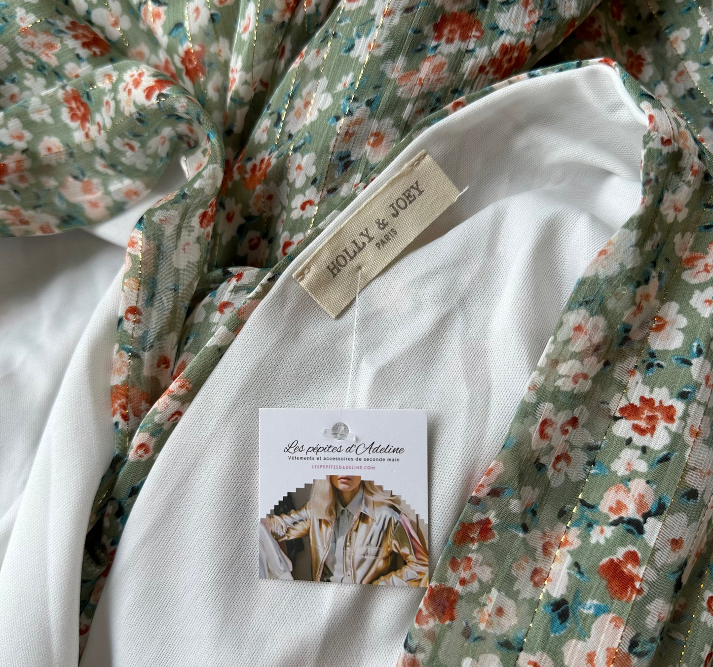 Robe longue imprimée fleurs vert clair et lurex argenté T.36/38