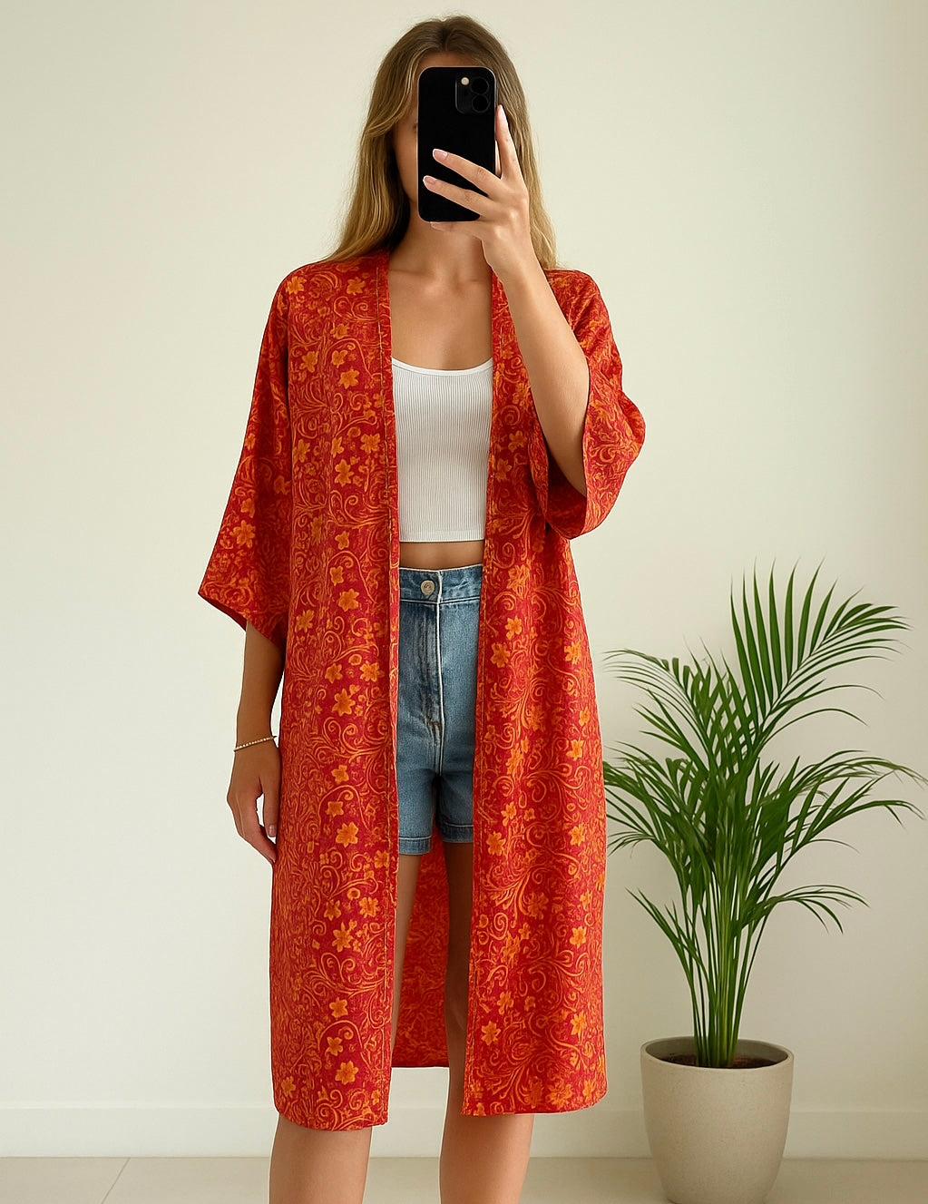 Kimono long fleuri orange rouge - Goa Paris neuf T.36/38
