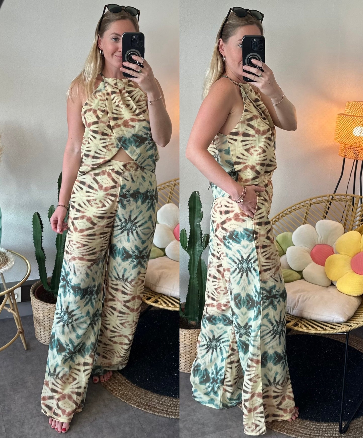Ensemble d’été pantalon + top à motifs tie and dye, neuf T.36