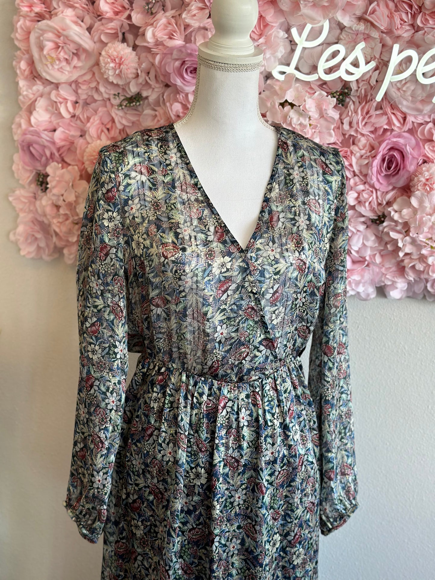 Robe longue en voile imprimé fleuri et lurex, T.38
