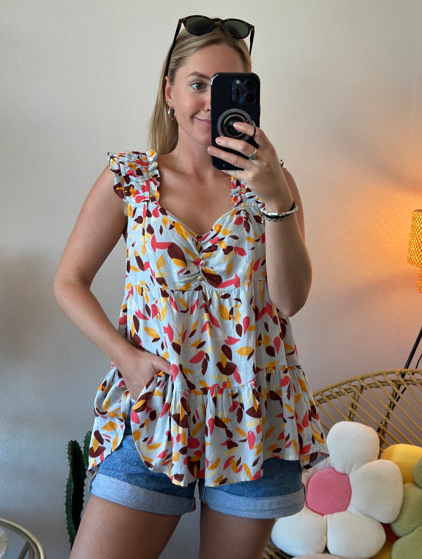 Top d'été évasé en lin à motifs colorés, T.38