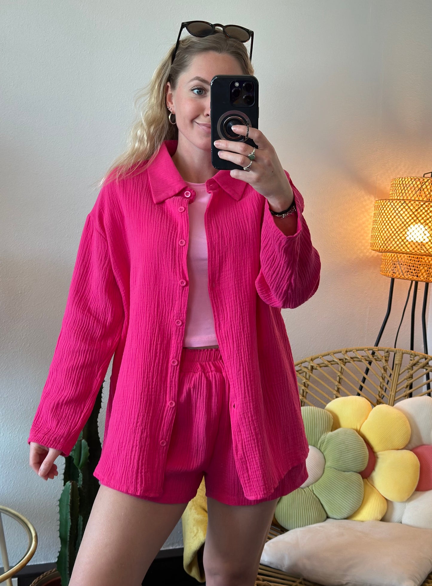 Ensemble deux pièces en gaze de coton rose T.36