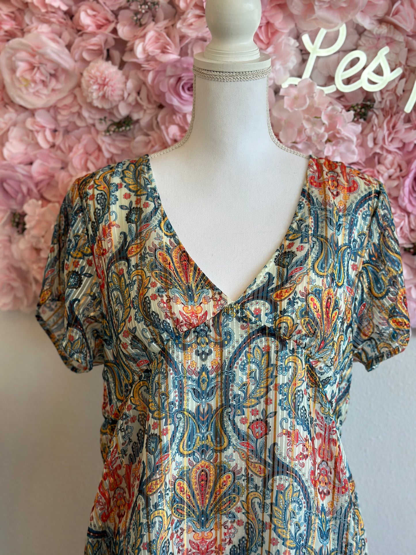 Robe midi évasée à motifs paisley cachemire colorés T.40