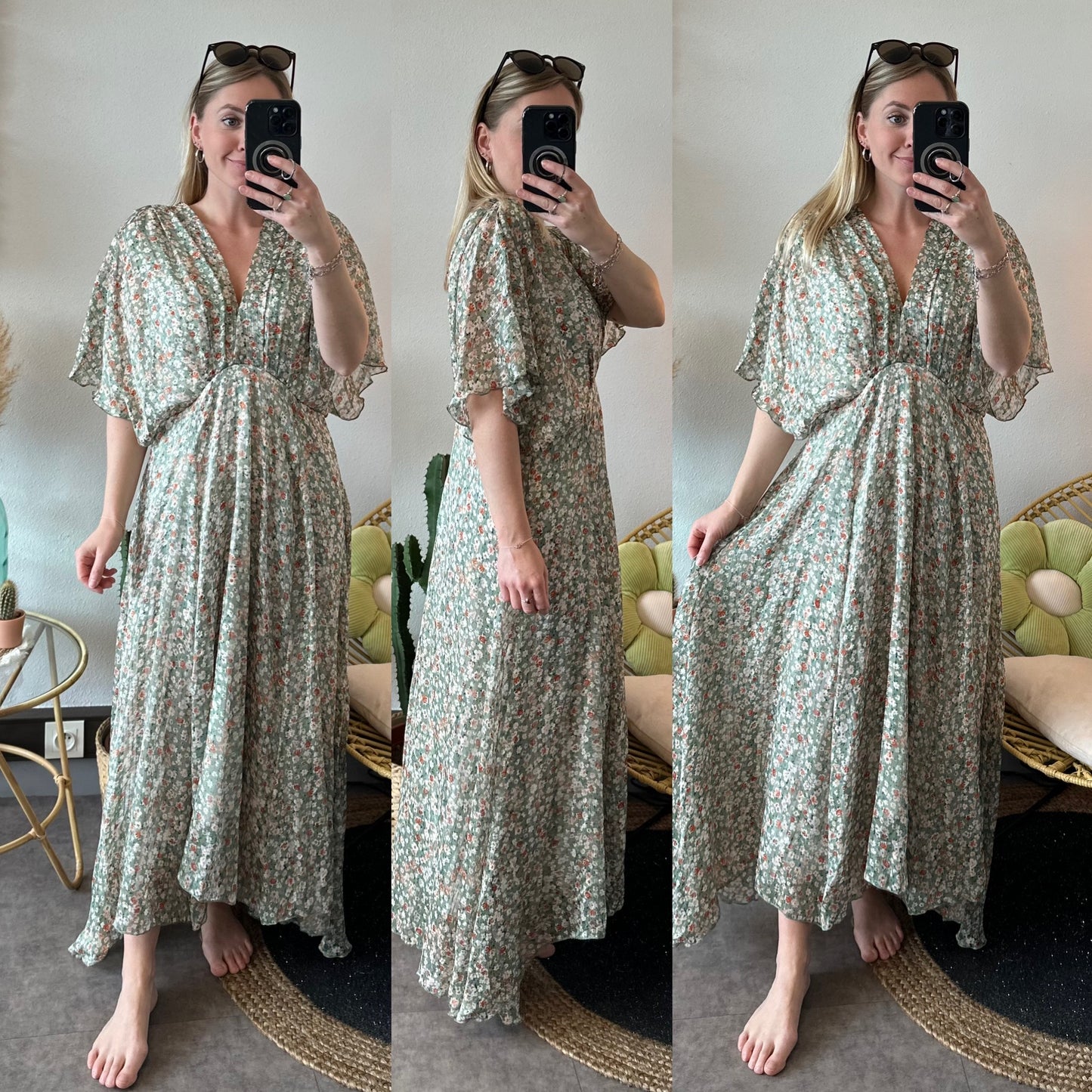 Robe longue imprimée fleurs vert clair et lurex argenté T.36/38
