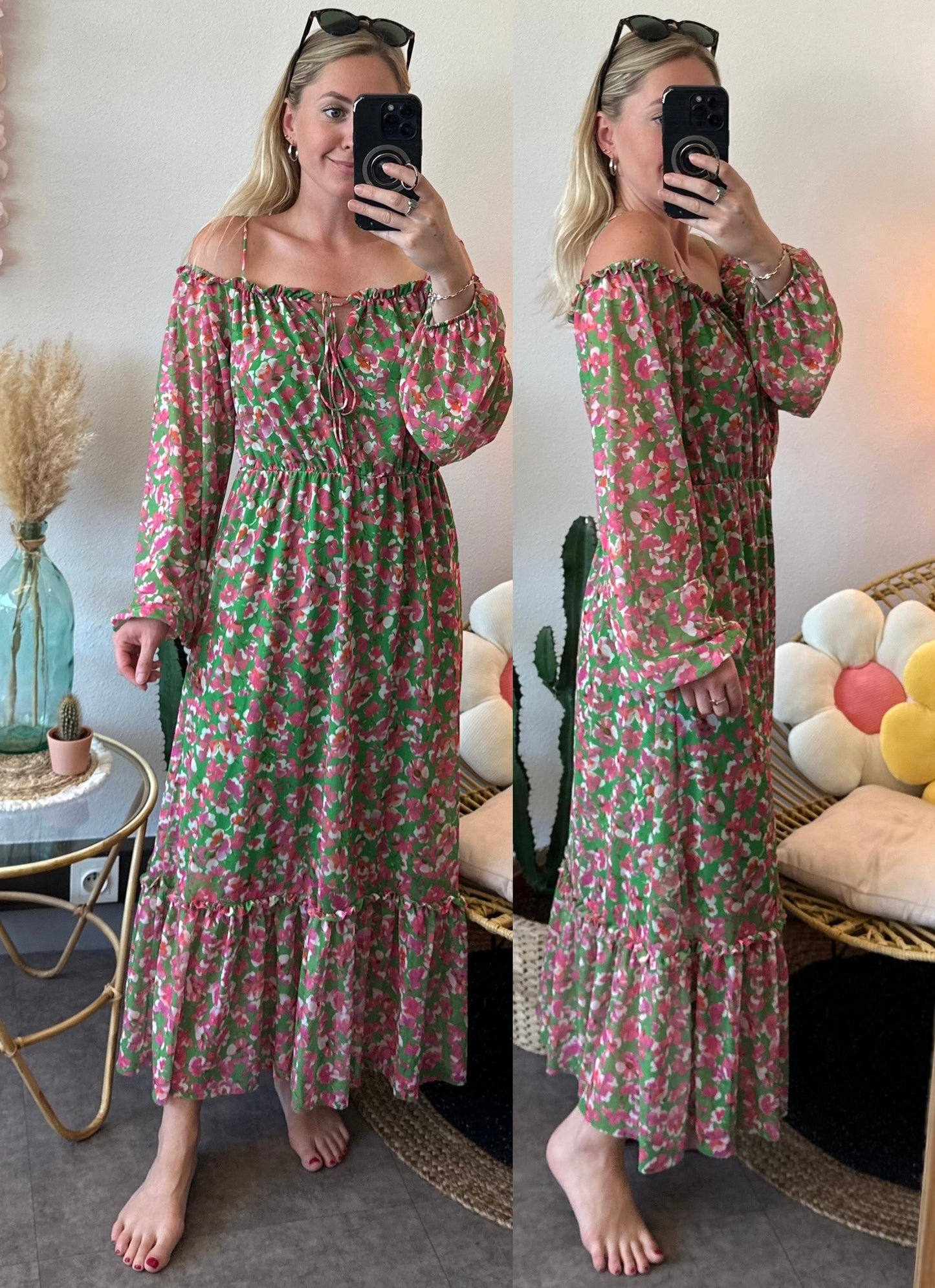 Robe longue d’été verte et rose à motifs fleuris, T.38