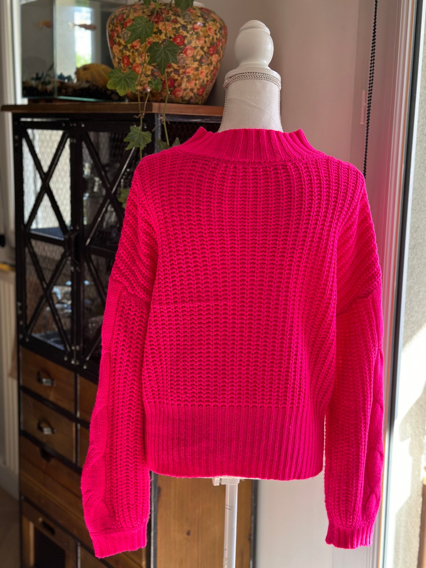 Pull d’hiver en maille torsadée rose, T.U