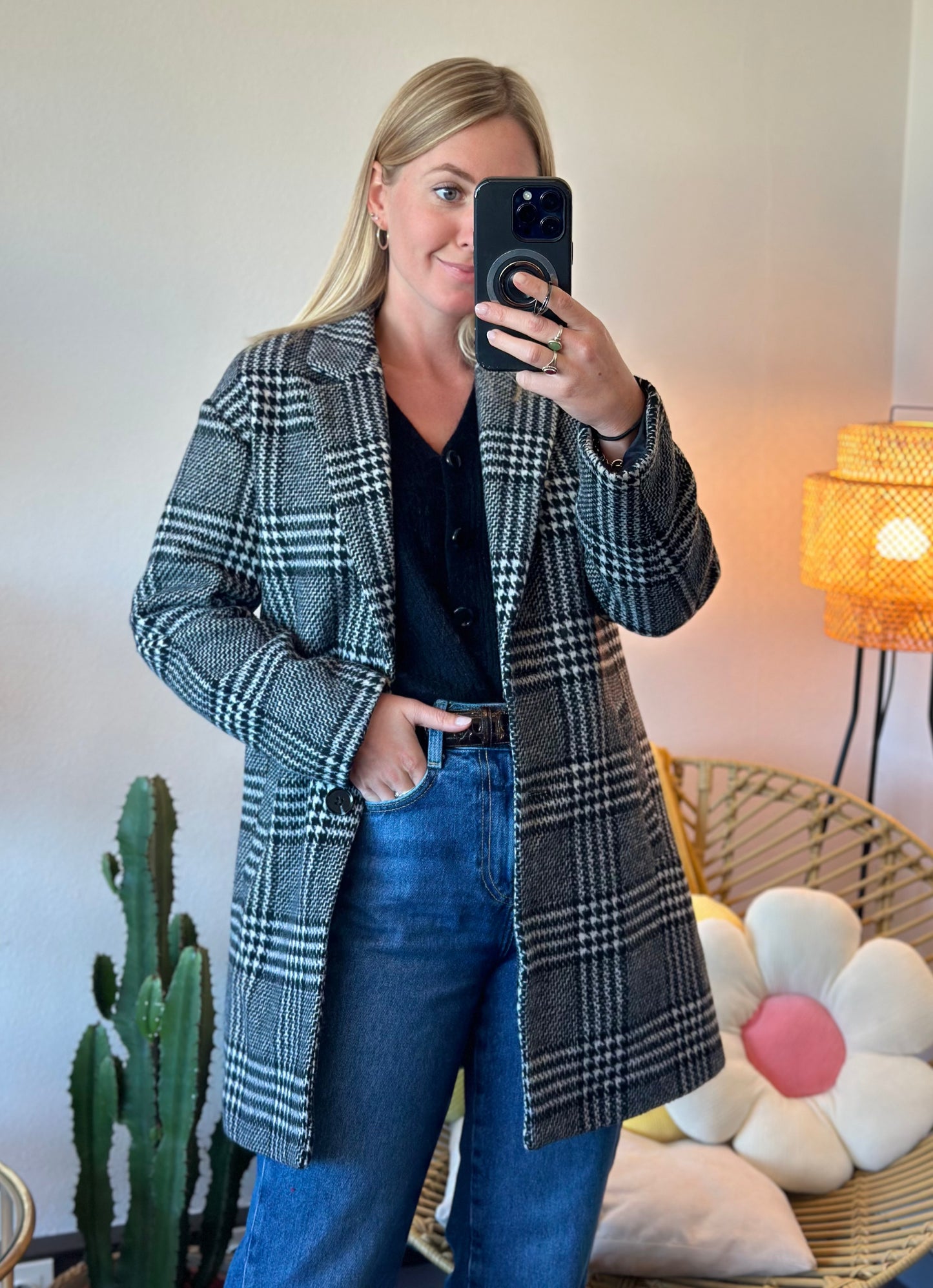 Manteau long pied de poule effet laine T.34