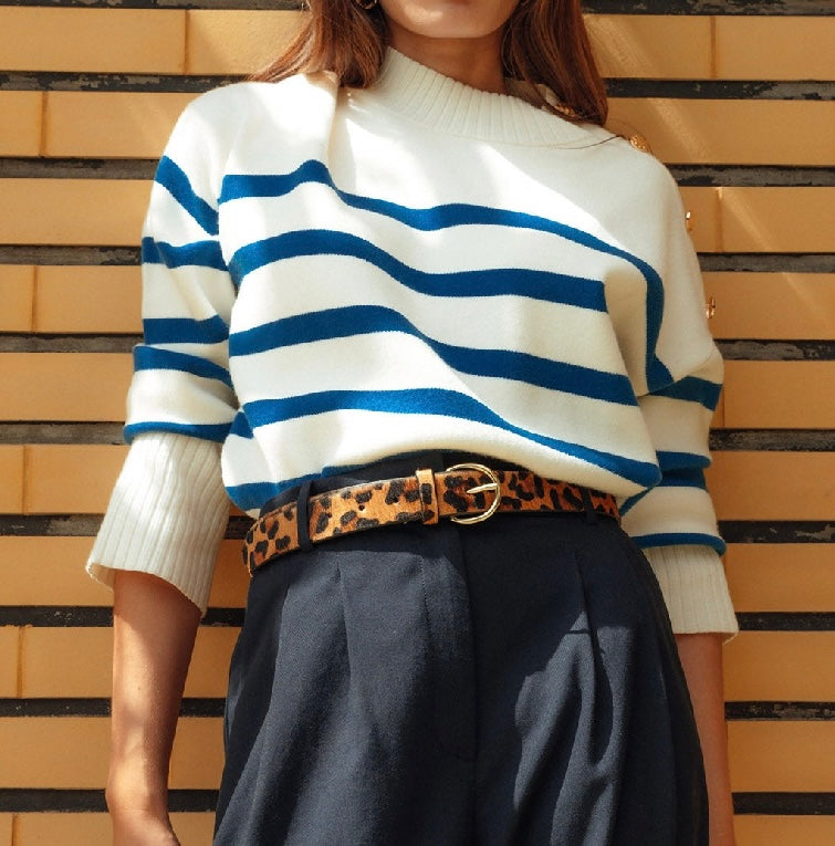 Pull en maille marinière col cheminée avec boutons dorés, neuf, T.34 oversize