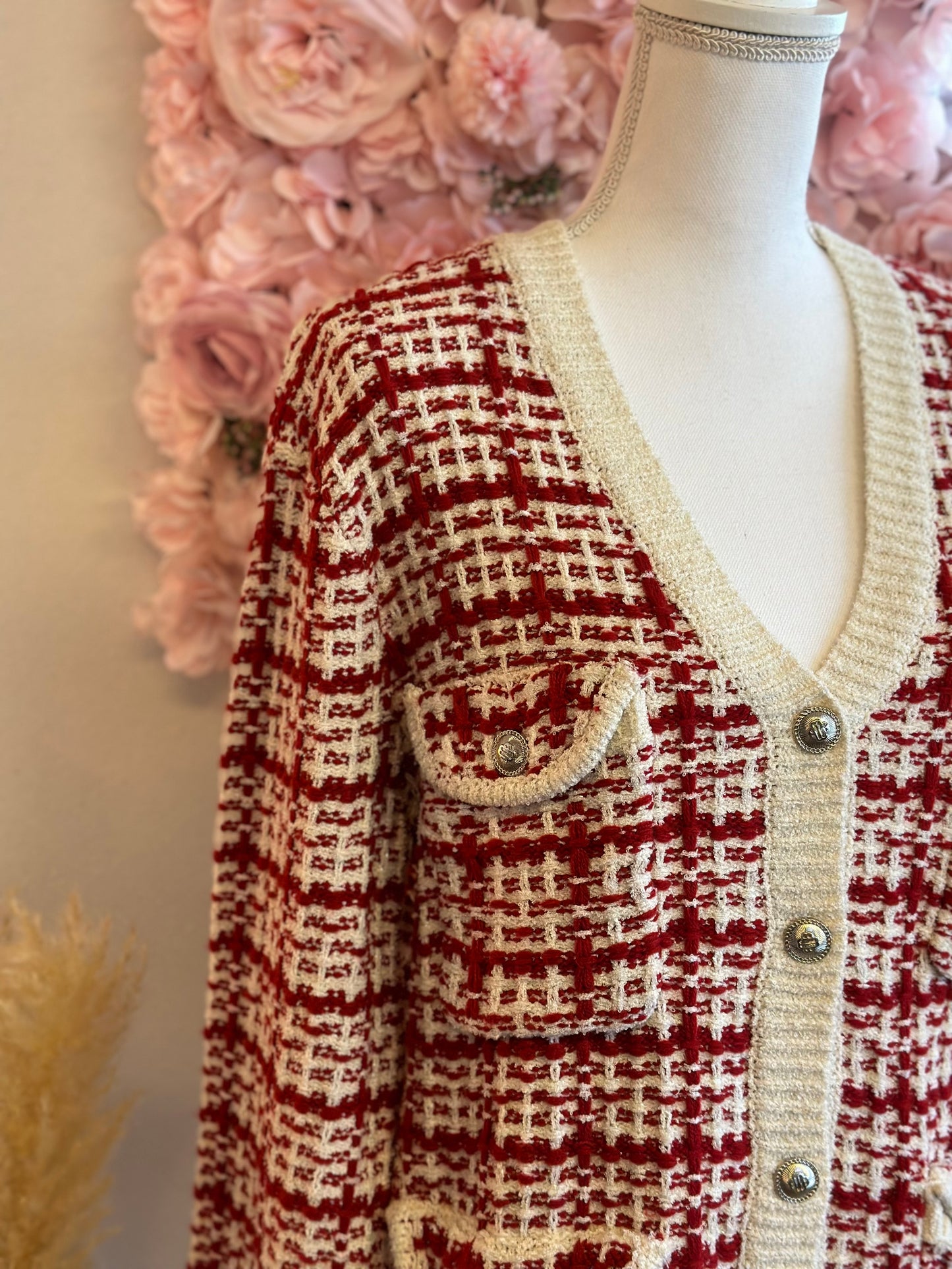 Cardigan rouge et blanc en maille effet tweed T.36