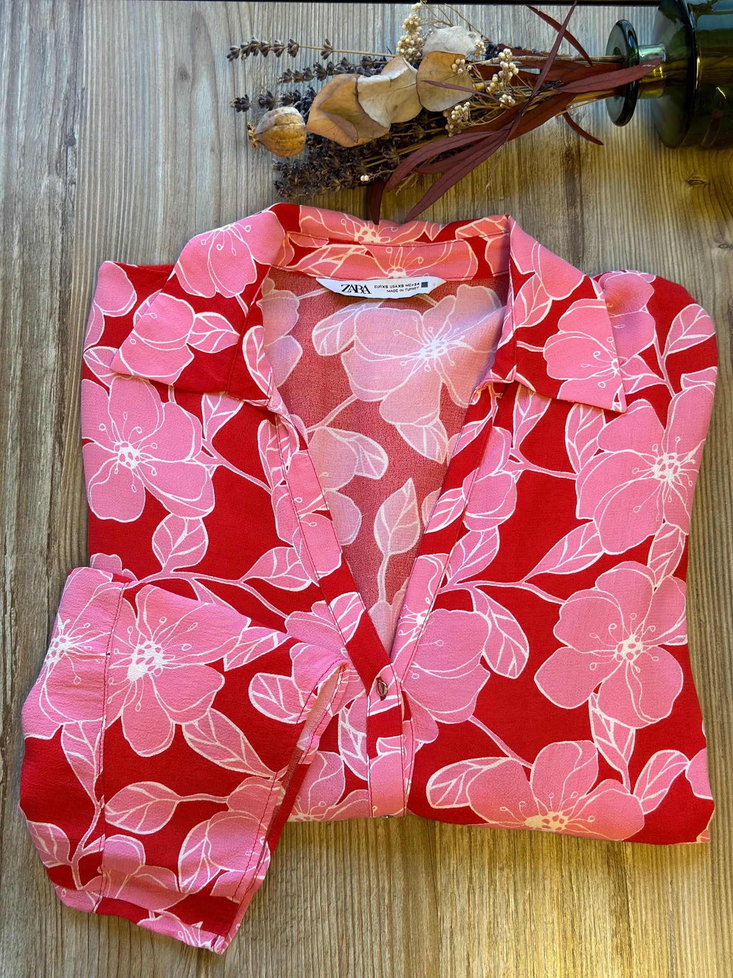 Chemise fluide à imprimé fleuri rose et rouge, coupe oversize, T.34