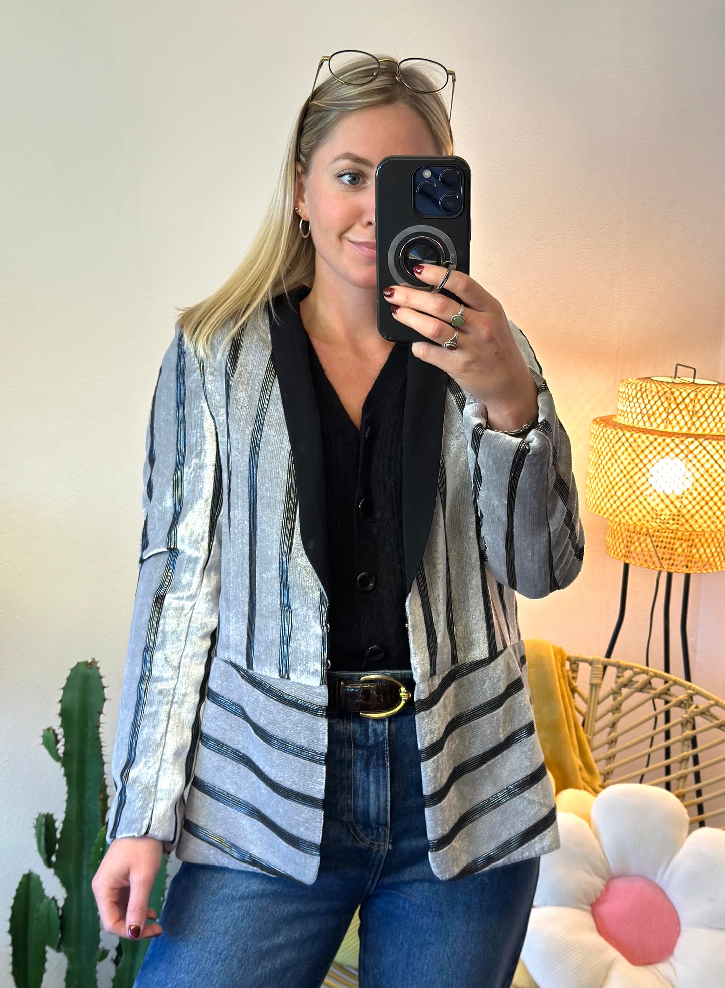 Veste de blazer en velours, rayures noires et grises argentées, T.38